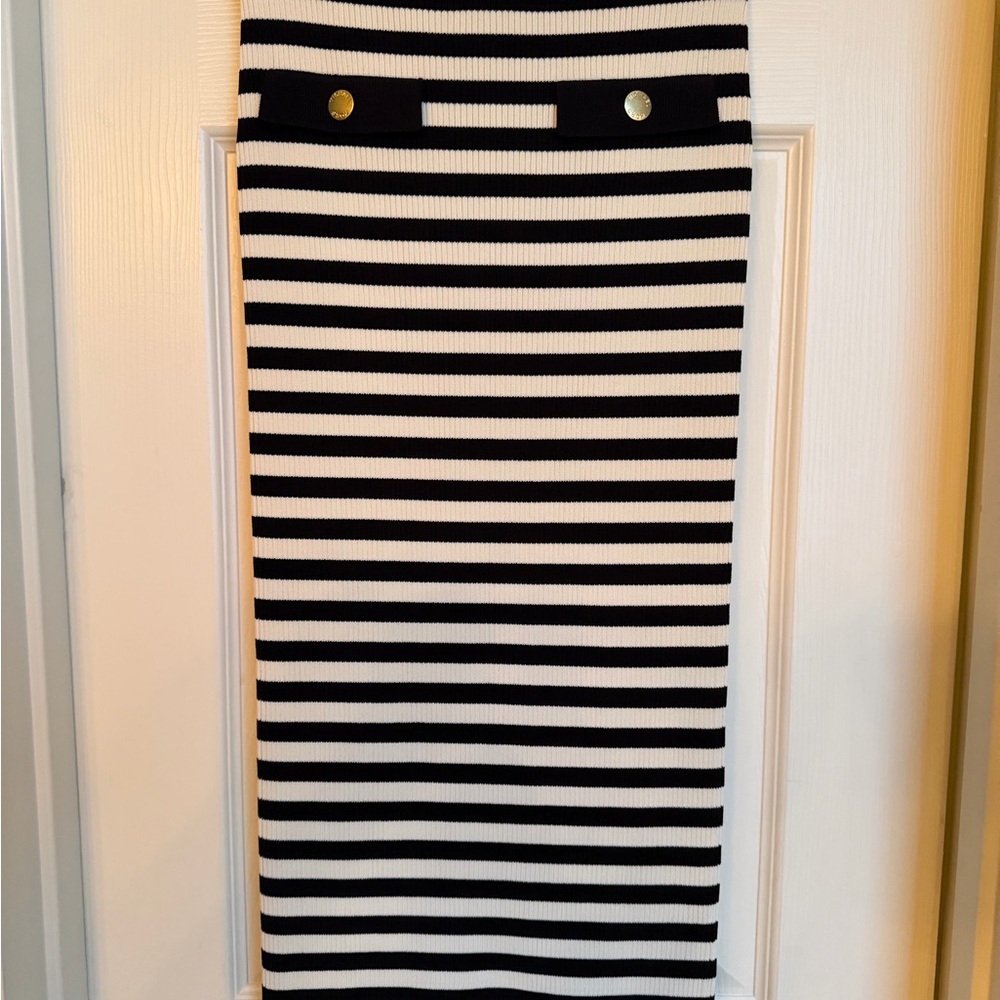 Michael Kors Black and White Striped Pencil Skirt with Gold Accent